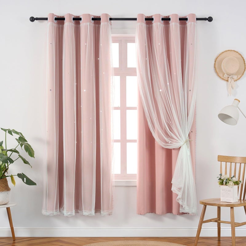 Ftinala Light Pink Curtains Blackout for Girls Bedroom - Aesthetic Star Cutout Double Layer with White Sheer Overlay, 63 Inch Length 1 Panel Cute Curtain Baby Nursery Toddler Room Decor Drapes - Image 1