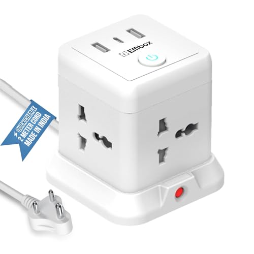 EMBOX Cube Extension Board with USB Type C (2.4 A) (QC 3.0) | 2500W Heavy Duty Extension Board with Switches | Extension Cord with Universal Sockets Safety Shutter & Overload Protector, 2 Meter - Image 1