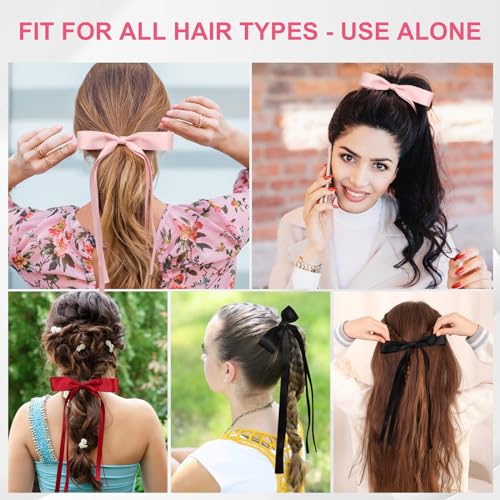 EWAGOA 8 PCS Silky Satin Hair Bows with Tassel for Women Grils, Tassel Ribbon Bowknot Hair Clips for Ponytail Holder. Pink, Red Hair Bow and Black, White Barrettes Claw Bow - Image 5