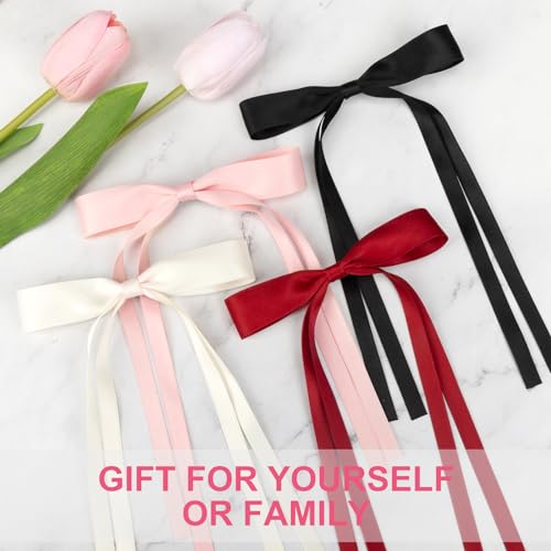 EWAGOA 8 PCS Silky Satin Hair Bows with Tassel for Women Grils, Tassel Ribbon Bowknot Hair Clips for Ponytail Holder. Pink, Red Hair Bow and Black, White Barrettes Claw Bow - Image 4