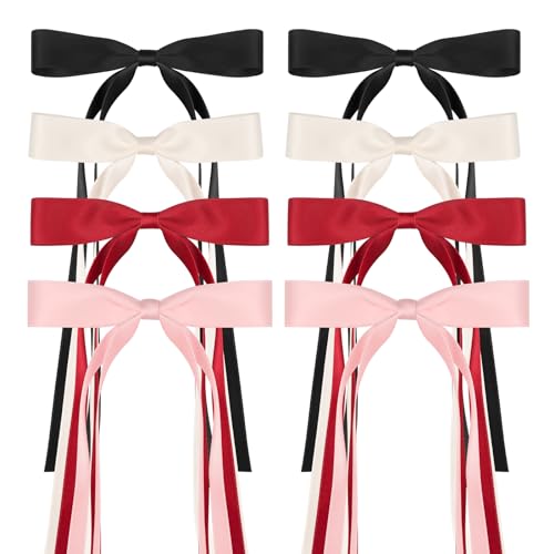 EWAGOA 8 PCS Silky Satin Hair Bows with Tassel for Women Grils, Tassel Ribbon Bowknot Hair Clips for Ponytail Holder. Pink, Red Hair Bow and Black, White Barrettes Claw Bow - Image 1