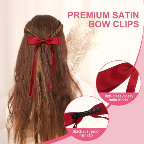 EWAGOA 8 PCS Silky Satin Hair Bows with Tassel for Women Grils, Tassel Ribbon Bowknot Hair Clips for Ponytail Holder. Pink, Red Hair Bow and Black, White Barrettes Claw Bow - Image 3