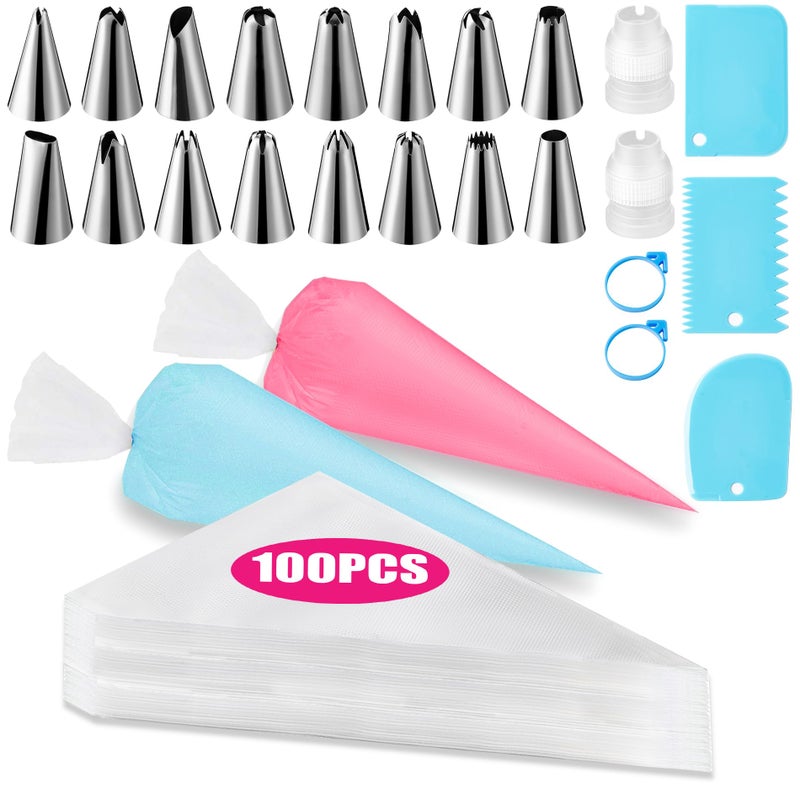 Piping Bags and Tips Set Cakes Decorating Supplies Kit with 100pcs 12 Inch Pastry Bags 16 Piping Tips 3 Cake Scraper 2 Couplers 2 Bag Ties Simple and Convenient Baking Supplies Set