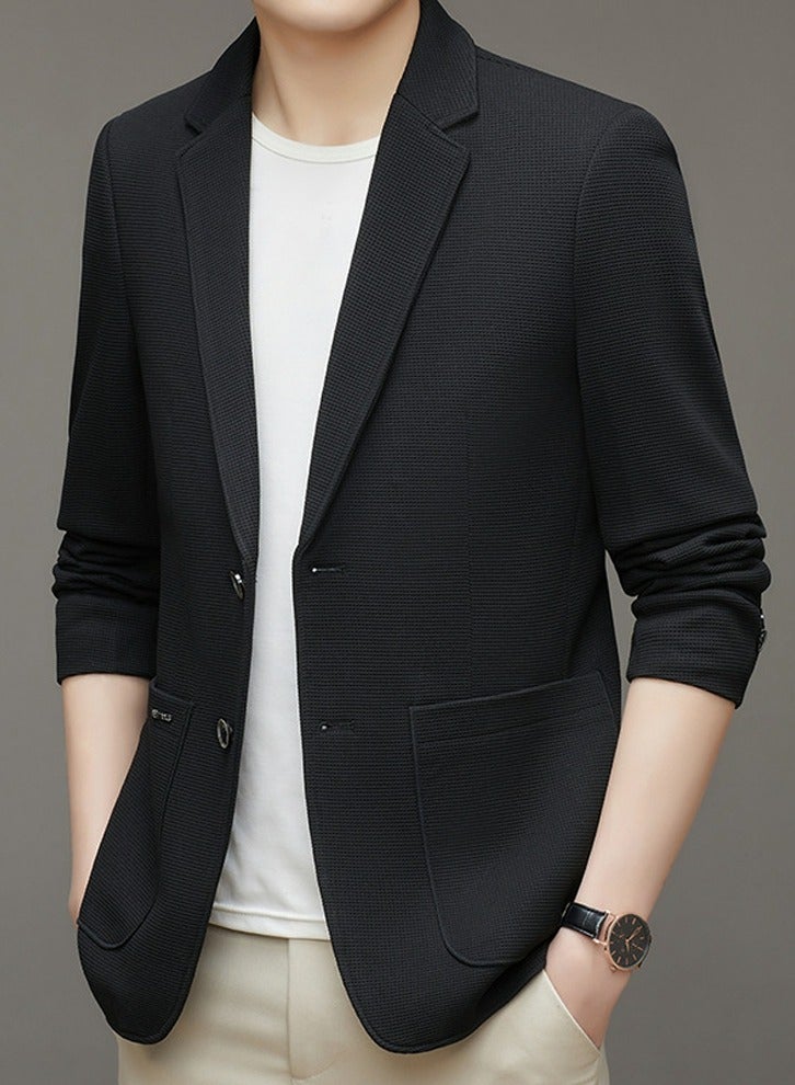 Loquat Mens Suit Collar Coats Casual Slim Fit Knitting Suit Jacket Lightweight Business 2 Button Blazers Black 