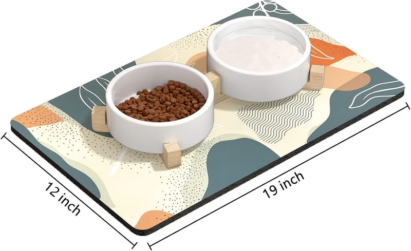 Rnivvi Dog Food Mat, 12" x 19" Boho Absorbent Dog Cat Bowl Mat for Food and Water, 3MM Anti-Slip Rubber Pet Feeding Rug Protect Floors, Puppy Placemat for Feeding & Watering Supplies, Abstract Leaves - Image 2