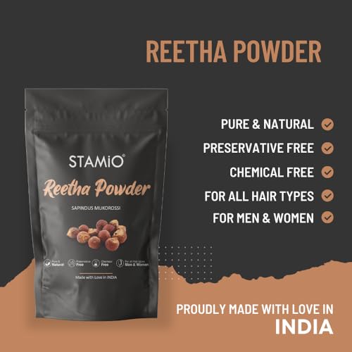 STAMIO Reetha Powder 250 gm for Hair Wash, Pack, Mask, Shampoo, Scalp Care, Dandruff | Seedless Dried Ritha/Aritha/Soapnuts/Sapindus Mukorossi | Natural Cleanser | In Pouch 8.82 oz - Image 2