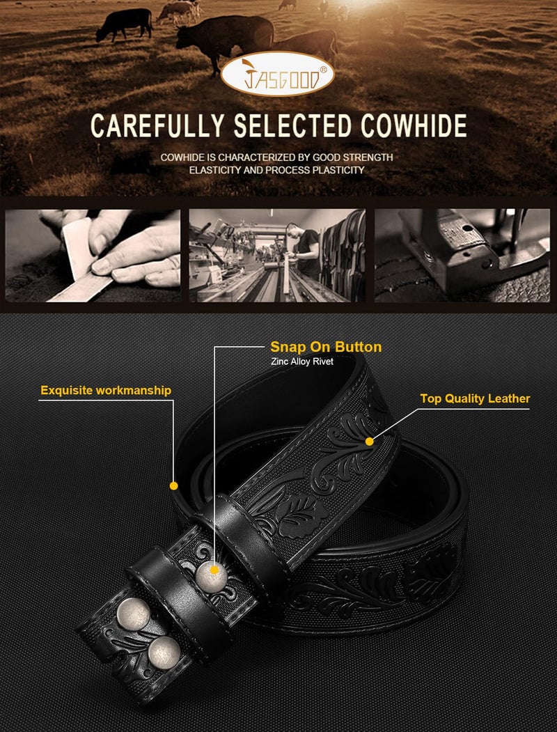 JASGOOD Mens Western Leather Belt Strap Without Buckle 1.5" Vintage Replacement Cowboy Leather Belt Strap with Snap on Buckle - Image 4
