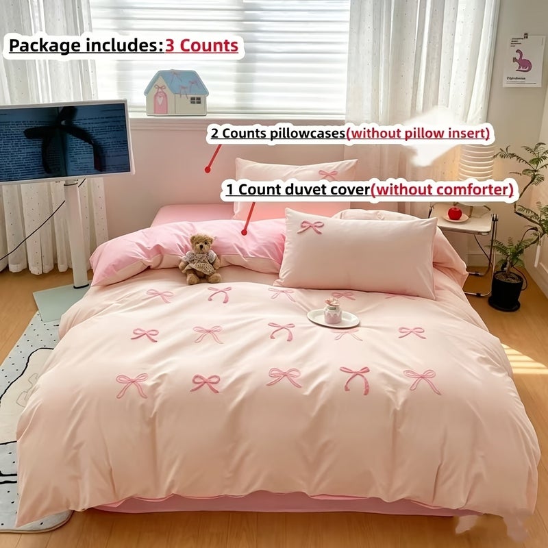 3pcs Embroidered Bow Bedding Including Duvet Cover And Pillowcases, Duvet Cover with Zipper for Easy Washing, Comfortable And Soft Breathable Fabric, Suitable for All Seasons - Image 1