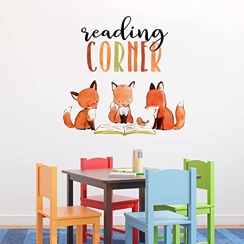 Mfault Foxes Reading Corner Baby Boys Girls Wall Decals Stickers, Removable Woodland Animals Read Books Nursery Playroom Decorations Bedroom Classroom Art, Bird Kids Library Toddler Room Decor - Image 1