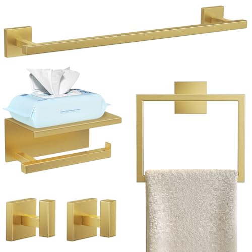 YACVCL 5-Pieces Brushed Gold Bathroom Hardware Accessories Set Stainless Steel Bathroom Towel Bar Set Towel Holder Set for Bathroom,Upgraded Toilet Paper Holder with Shelf,Wall Mounted 23.6" - Image 1