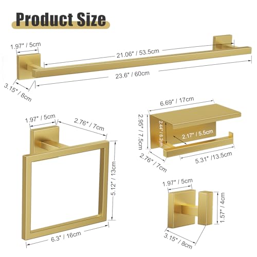 YACVCL 5-Pieces Brushed Gold Bathroom Hardware Accessories Set Stainless Steel Bathroom Towel Bar Set Towel Holder Set for Bathroom,Upgraded Toilet Paper Holder with Shelf,Wall Mounted 23.6" - Image 3