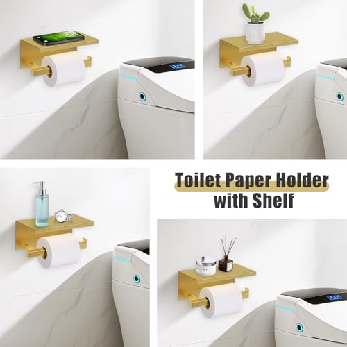 YACVCL 5-Pieces Brushed Gold Bathroom Hardware Accessories Set Stainless Steel Bathroom Towel Bar Set Towel Holder Set for Bathroom,Upgraded Toilet Paper Holder with Shelf,Wall Mounted 23.6" - Image 5