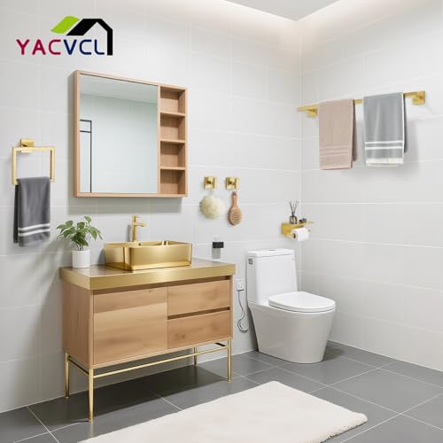 YACVCL 5-Pieces Brushed Gold Bathroom Hardware Accessories Set Stainless Steel Bathroom Towel Bar Set Towel Holder Set for Bathroom,Upgraded Toilet Paper Holder with Shelf,Wall Mounted 23.6" - Image 2