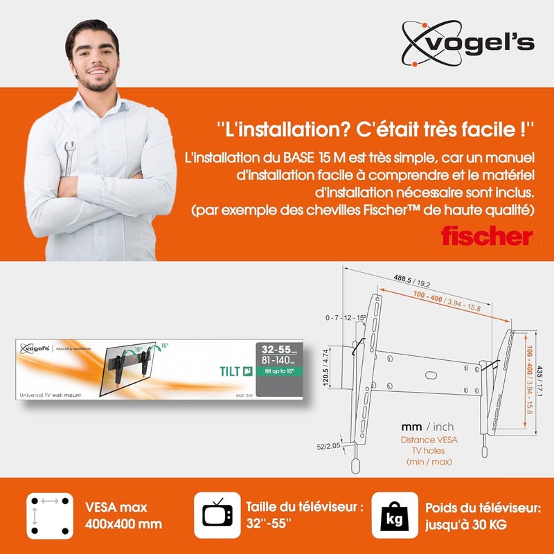 فوجيلز حامل التثبيت الجداري Vogel's BASE 15 M لأجهزة التلفاز مقاس 32-55 بوصة، مع إمالة، بوزن أقصى 30 كجم وحتى VESA 400x400، باللون الأسود - Image 5