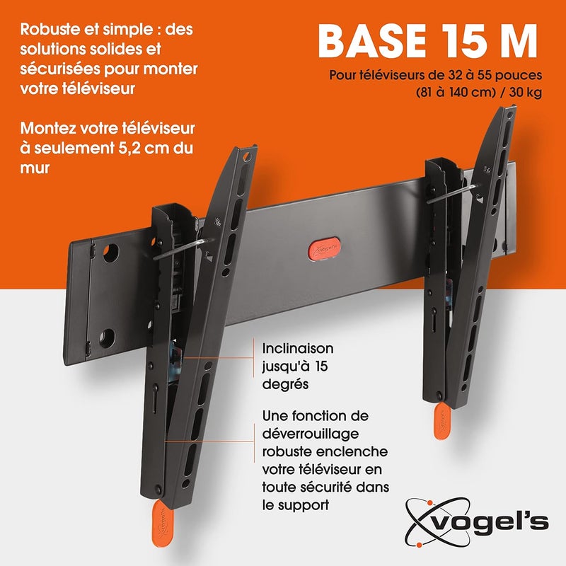 فوجيلز حامل التثبيت الجداري Vogel's BASE 15 M لأجهزة التلفاز مقاس 32-55 بوصة، مع إمالة، بوزن أقصى 30 كجم وحتى VESA 400x400، باللون الأسود - Image 2