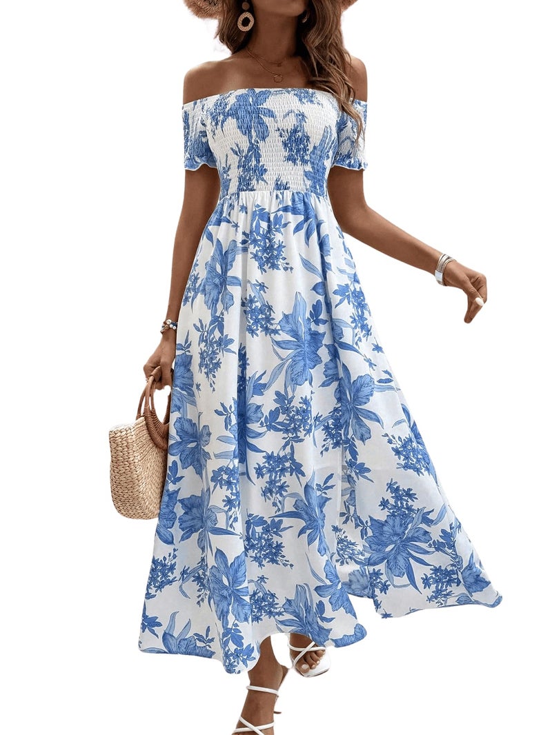 Floerns Women's Boho Ditsy Floral Print Off Shoulder Short Sleeve Split Maxi A Line Dress Blue Plant Large