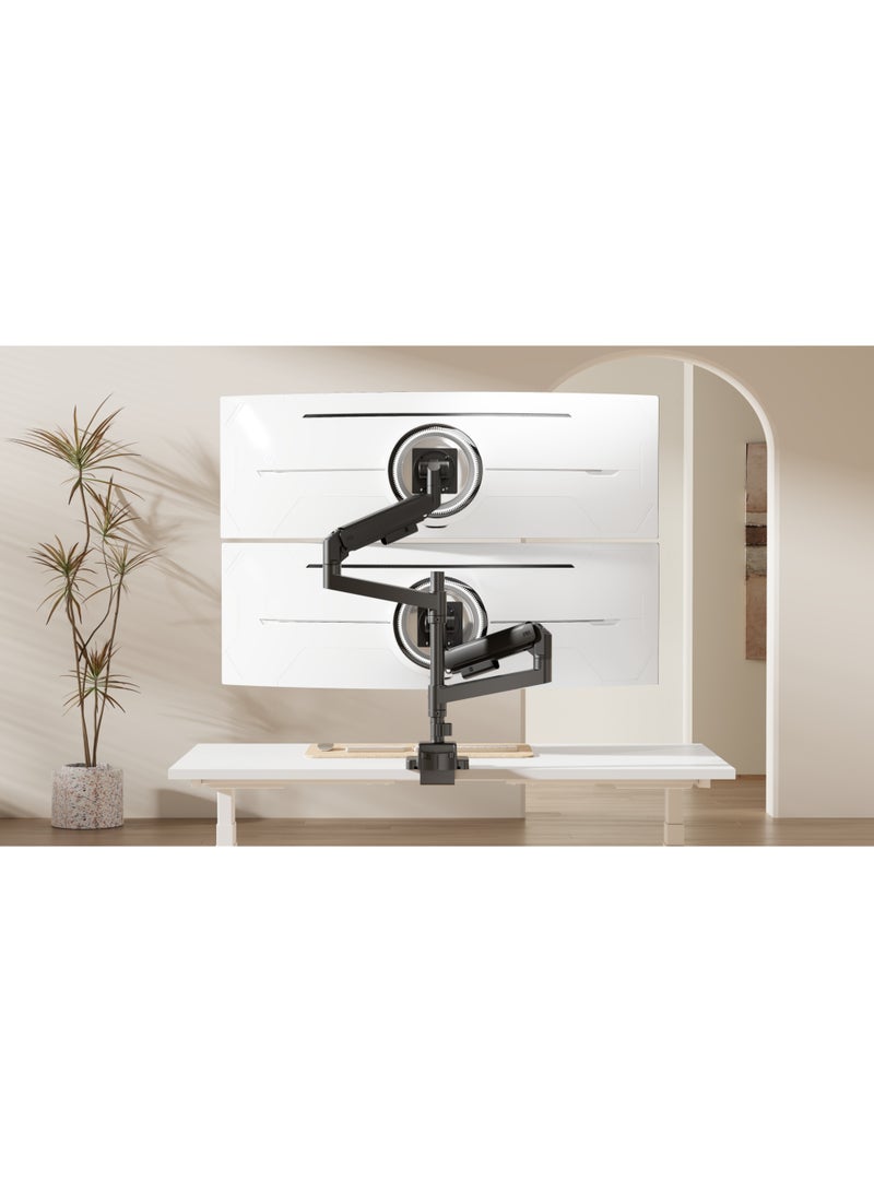 Skill Tech Skilltech SH87 C024P Heavy-Duty Dual Gas Spring Monitor Arm for 24"–57" Screens | 2–27kg Load | Full Motion Tilt/Swivel/Rotation | VESA 75–200 | Clamp & Grommet Mount – Black - Image 3