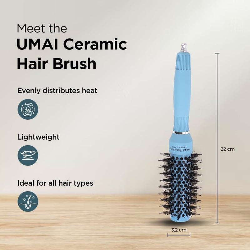 UMAI Hair Brush 32 mm Ioninfused Ceramic Nano Technology AntiStatic Boar Bristles Hair Comb For Men and Women IceBlue Single Pack - Image 2