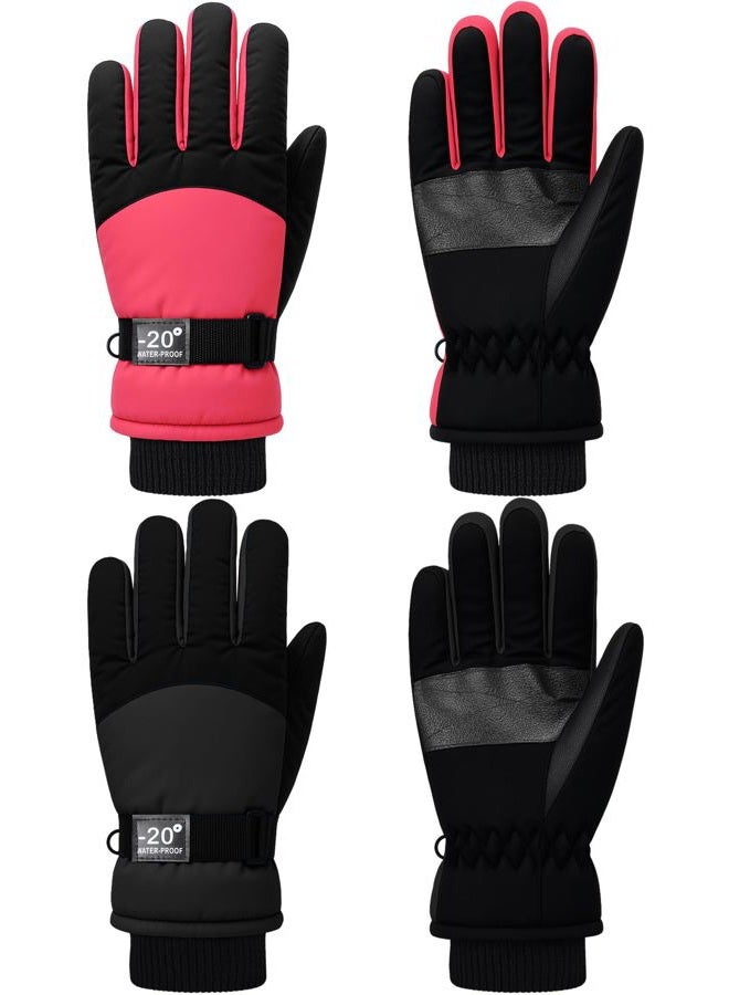 Satinior 2 Pairs Kids Waterproof Winter Snow Gloves Ski Gloves for Boy Girl Outdoor Warm Thickening Snowboard(Cute Pink, Black,3-6 Years) - Image 1