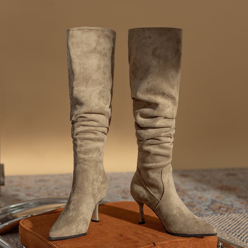 High-Heeled Pointed Toe Slouch Boots For Women With Thick Lining, Over-The-Knee Boots With Thin Heels, Vintage Style For - Image 3