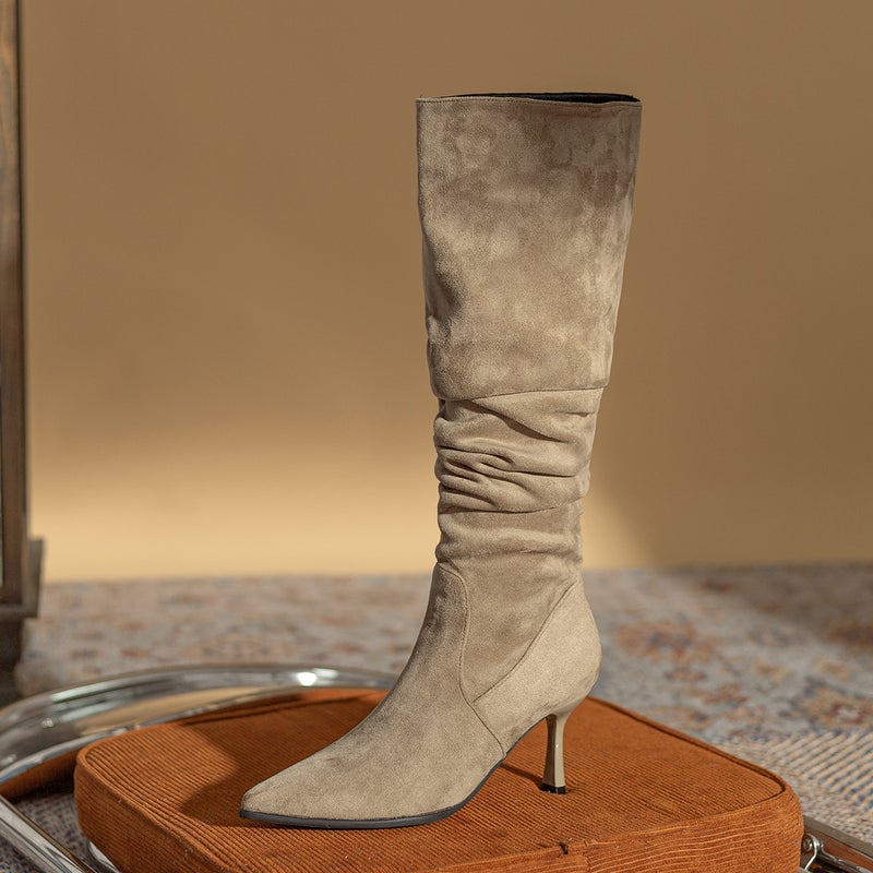 High-Heeled Pointed Toe Slouch Boots For Women With Thick Lining, Over-The-Knee Boots With Thin Heels, Vintage Style For - Image 5