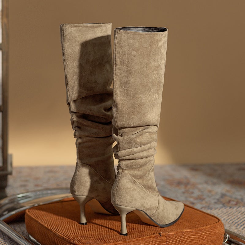 High-Heeled Pointed Toe Slouch Boots For Women With Thick Lining, Over-The-Knee Boots With Thin Heels, Vintage Style For - Image 4
