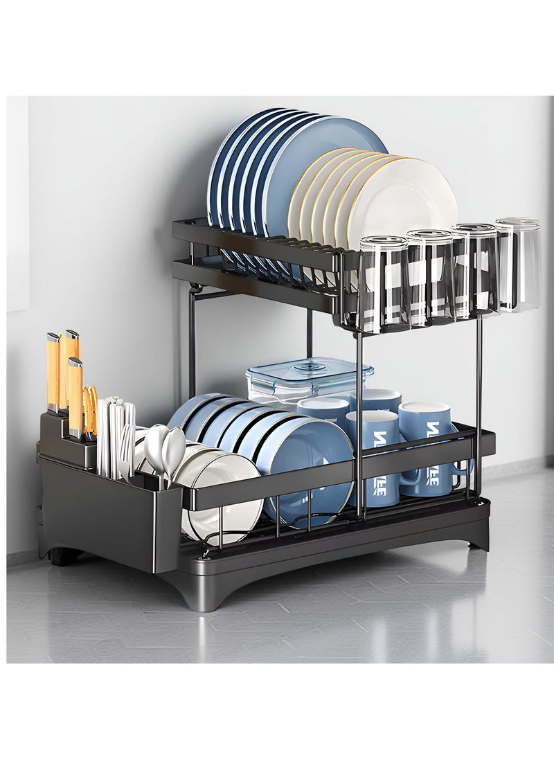 ESSENTIALS 360 Dish Drying Rack for Kitchen Counter, 2 Tier Dish Rack, Stainless Steel Kitchen Dish Drying stand,Detachable Capacity Dish Drainer Organizer with Drain Board, Utensils Holder  - Image 1