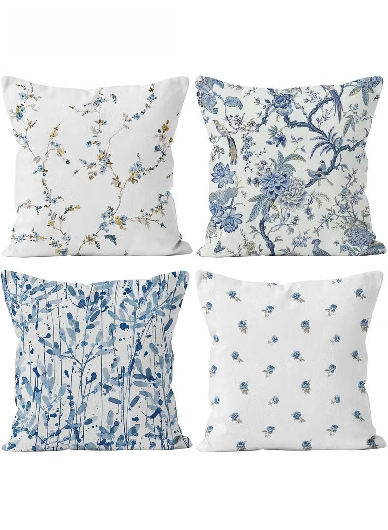 SKT Shiketro Pillow Covers Set of 4, Throw Pillow Cover, Short Plush Cushion Cover, Blue Flower Decorative Pillow Case 45cm x 45cm, For Living Room Sofa Couch Bed Pillowcases 18x18 inches（Double sided pattern） - Image 1
