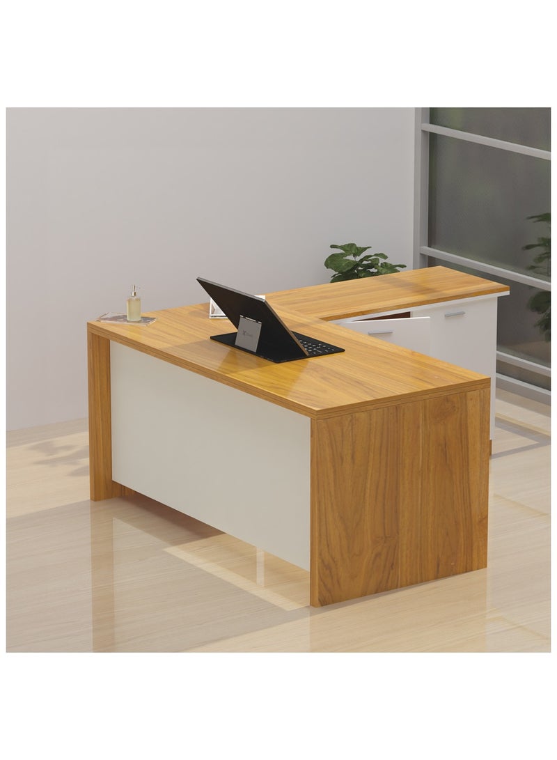 ماهاماي مكتب عمل تنفيذي على شكل حرف L من ماهمايي زيلدا M225 مع خزانة، سهل التنظيف، مثالي للمنزل والمكتب - لون الجوز الفاتح - Image 1
