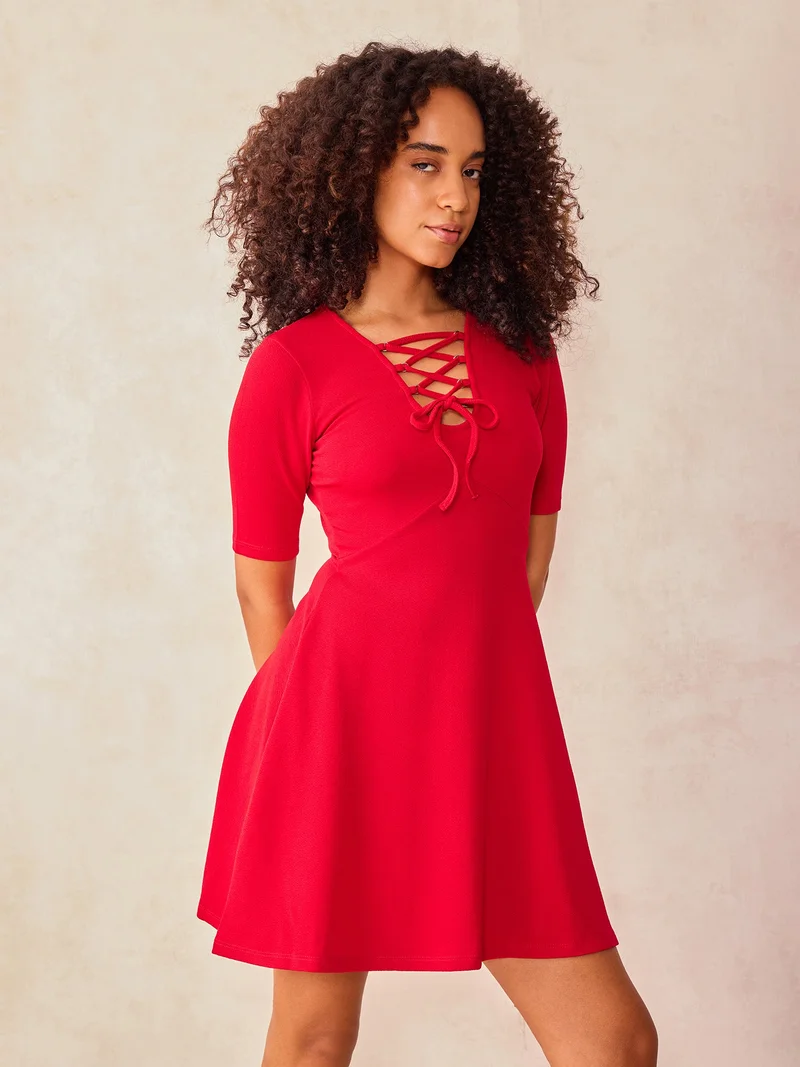 OUTZIDR Red Plunge Tie Up Neck Dress