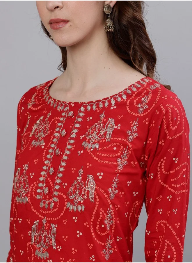 ISHIN Women Red Printed Kurta With Sharara & Dupatta