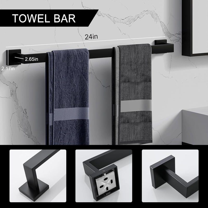 PAHSFS 5-Pieces Matte Black SUS304 Stainless Steel Bathroom Hardware Accessories Set, 24 Inch Bath Towel Bar Set, Towel Racks for Bathroom Wall Mounted. - Image 2