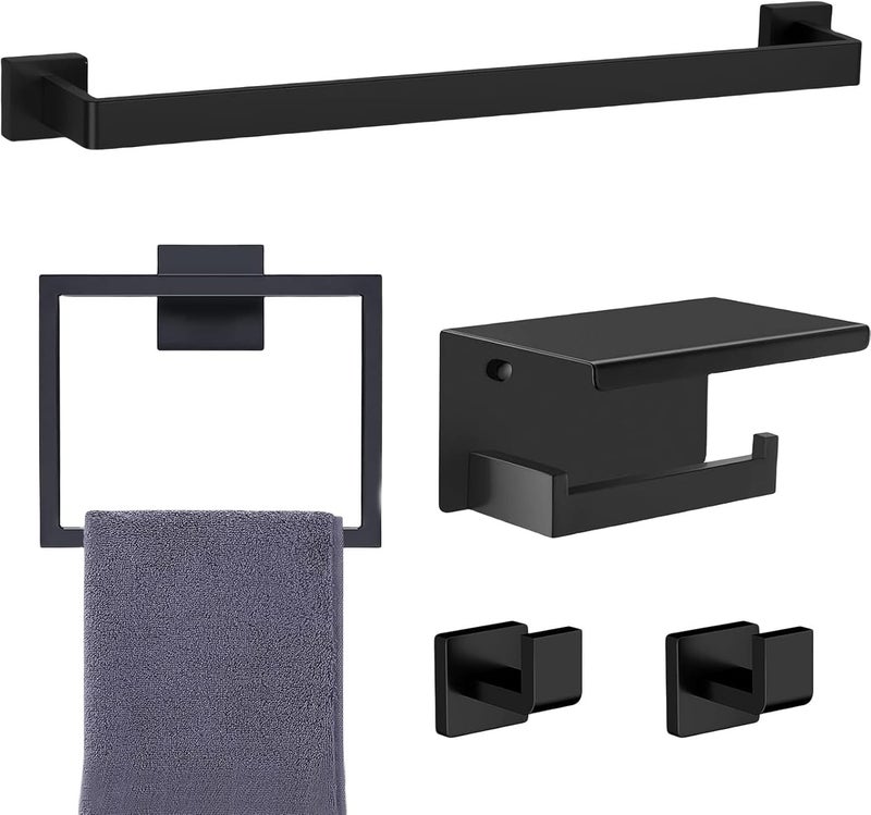 PAHSFS 5-Pieces Matte Black SUS304 Stainless Steel Bathroom Hardware Accessories Set, 24 Inch Bath Towel Bar Set, Towel Racks for Bathroom Wall Mounted. - Image 1