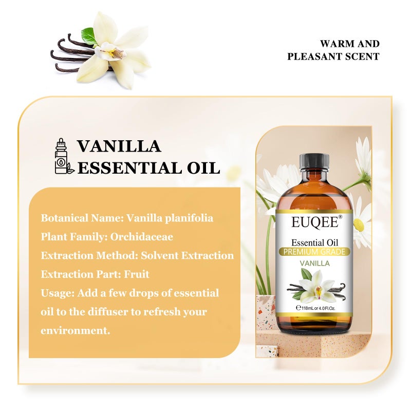 EUQEE Vanilla Essential Oil 118 ml Premium Vanilla Oil with Glass Dropper, Great for Diffusers, Aromatherapy, Candle Making, DIY Soap - 4Fl.Oz - Image 2