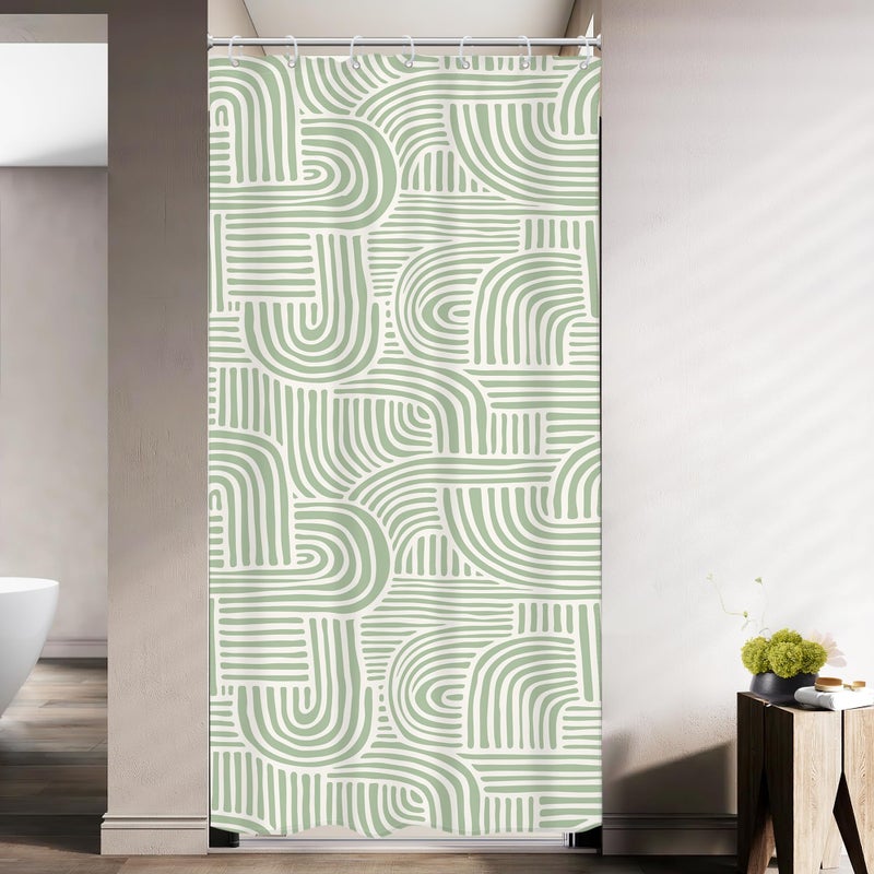 Riyidecor Green White Small Stall Rv Shower Curtain Boho Vintage Abstract Arch Dorm Narrow Single Half Size 36Wx72H Inch Neutral Unisex Fabric Decor Bathroom Polyester Waterproof 7 Pack Hooks - Image 2