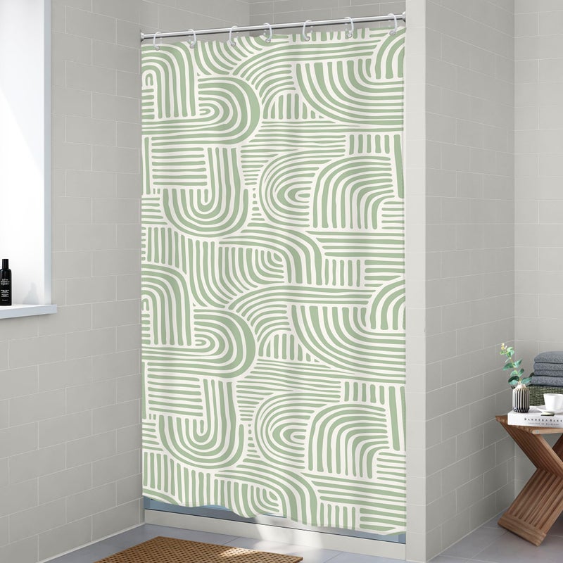 Riyidecor Green White Small Stall Rv Shower Curtain Boho Vintage Abstract Arch Dorm Narrow Single Half Size 36Wx72H Inch Neutral Unisex Fabric Decor Bathroom Polyester Waterproof 7 Pack Hooks - Image 4