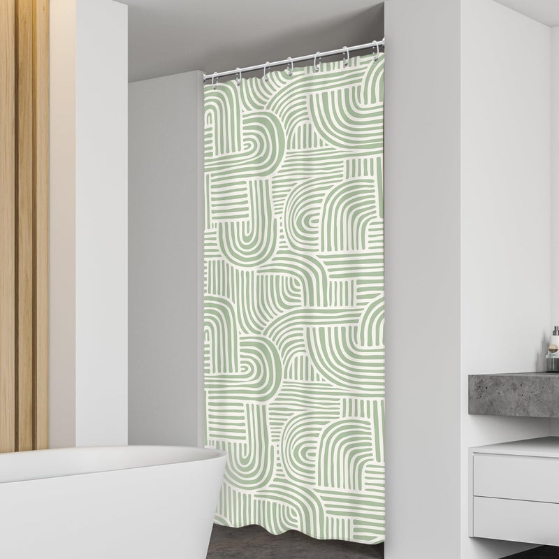 Riyidecor Green White Small Stall Rv Shower Curtain Boho Vintage Abstract Arch Dorm Narrow Single Half Size 36Wx72H Inch Neutral Unisex Fabric Decor Bathroom Polyester Waterproof 7 Pack Hooks - Image 3