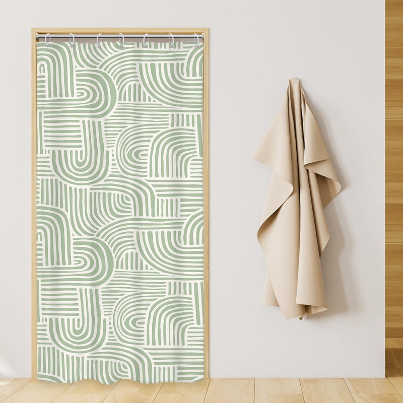Riyidecor Green White Small Stall Rv Shower Curtain Boho Vintage Abstract Arch Dorm Narrow Single Half Size 36Wx72H Inch Neutral Unisex Fabric Decor Bathroom Polyester Waterproof 7 Pack Hooks - Image 1