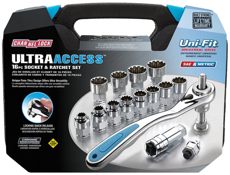 Channellock Ultra Access Socket Set 39100 - Pass-Thru Ratchet, Chrome/Nickel - 16 Piece UNIFIT