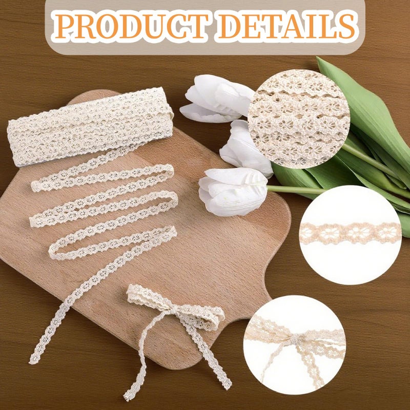 LUSTRIB 10 Yards Vintage Lace Ribbon, 0.39â€œ Beige Crochet Lace Trim for Sewing, Cotton Ribbon Trim for Crafts, Gift Package Wrapping, Bridal Wedding Decoration, Scrapbooking Supplies - Image 3