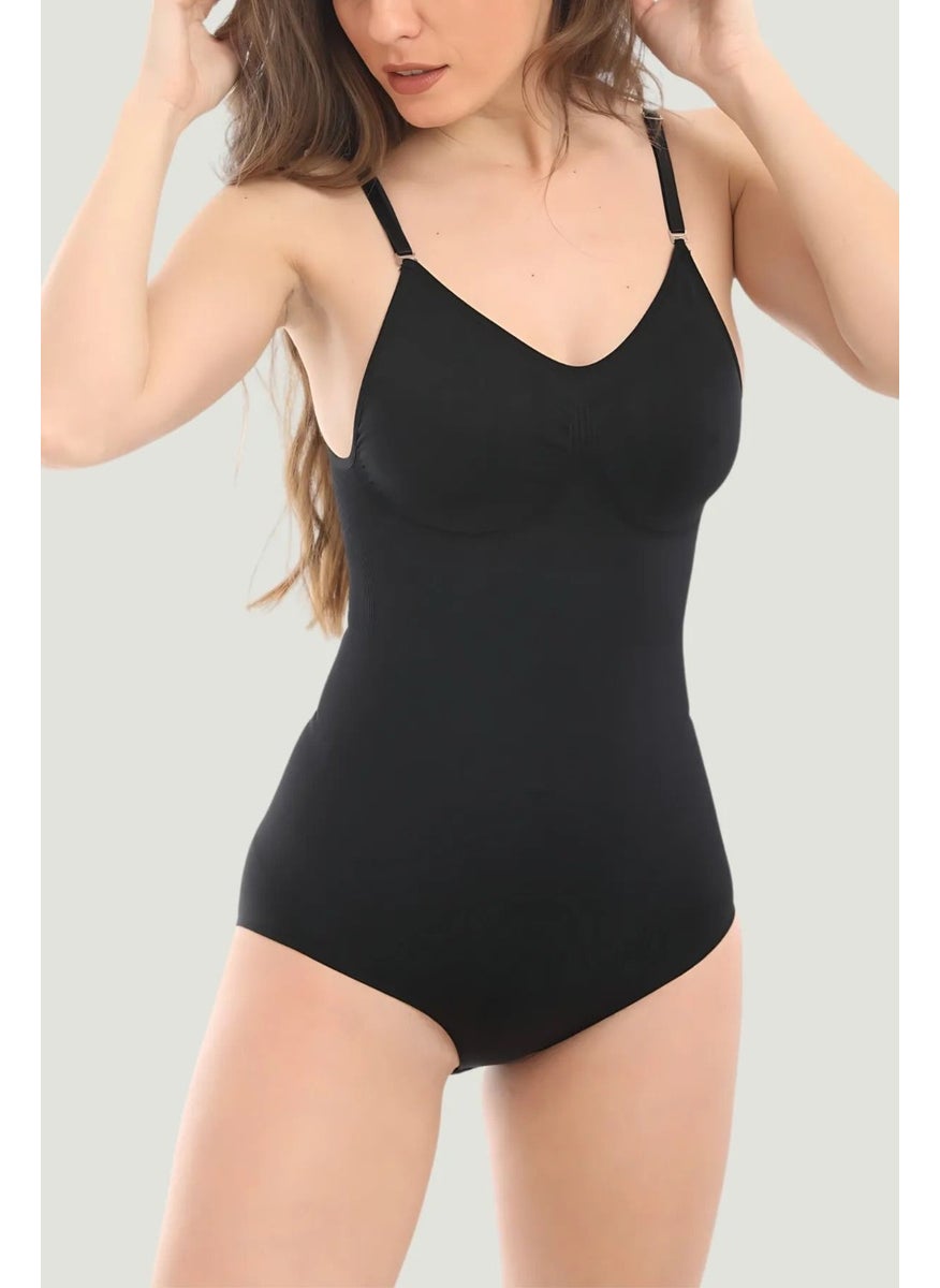 TECHNO 8Q - Snap Firming Strap Push Up Effect Body Shaper Bodysuit Corset Black Color - Image 1
