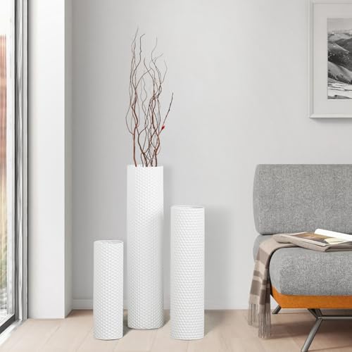 Dnnnii Tall Floor Vases Set of 3 - White Metal Cylinder Vases for Living Room Corner, Modern Honeycomb Texture, Extra Large Standing Decor (Tallest 27.6in, Home Bedroom Dining Decor) - Image 4