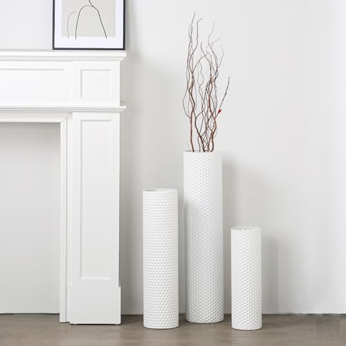 Dnnnii Tall Floor Vases Set of 3 - White Metal Cylinder Vases for Living Room Corner, Modern Honeycomb Texture, Extra Large Standing Decor (Tallest 27.6in, Home Bedroom Dining Decor) - Image 1