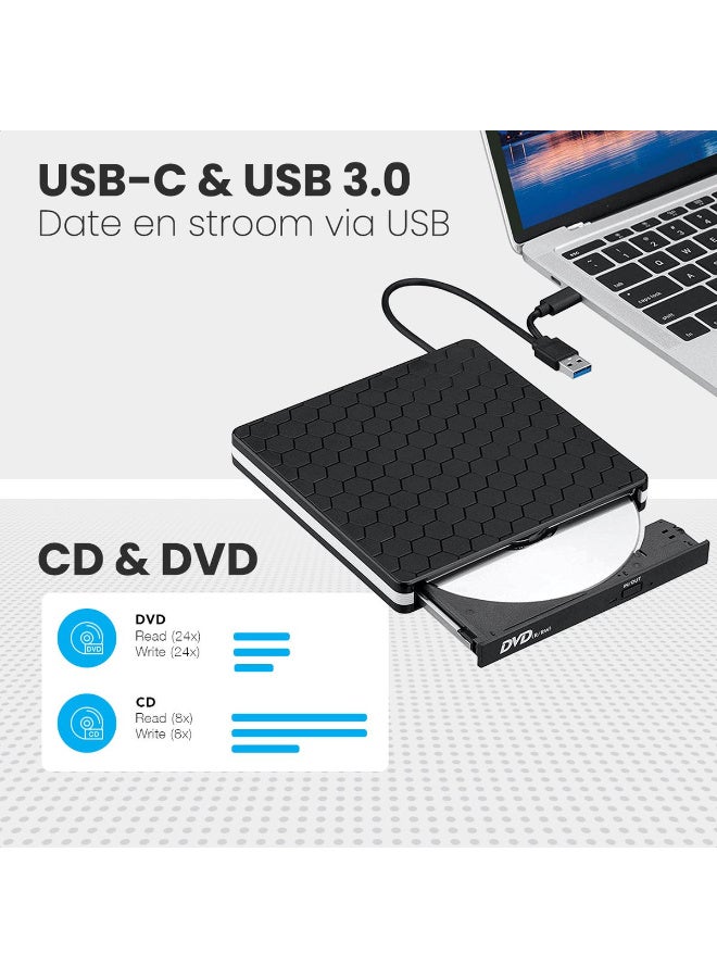 USB 3.0 External CD DVD Drive Burner for Laptop and Desktop, Portable Optical Drive Reader Writer Compatible with Windows, macOS, Linux, Supports CD/DVD/VCD, 24X CD & 8X DVD Burning Speed - Image 2
