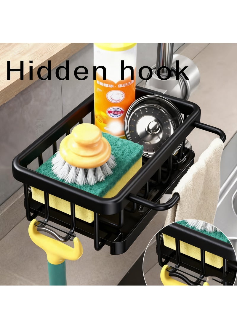 عربست منظم حوض المطبخ، منظم حوض المطبخ حول الصنبور، حامل إسفنجة الحوض، رف منظم حوض المطبخ لأنابيب المياه المستديرة مقاس 0.7-1.1 بوصة (أسود، 2 في 1) - Image 2