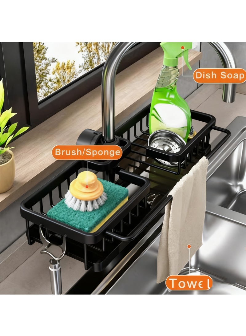 عربست منظم حوض المطبخ، منظم حوض المطبخ حول الصنبور، حامل إسفنجة الحوض، رف منظم حوض المطبخ لأنابيب المياه المستديرة مقاس 0.7-1.1 بوصة (أسود، 2 في 1) - Image 3