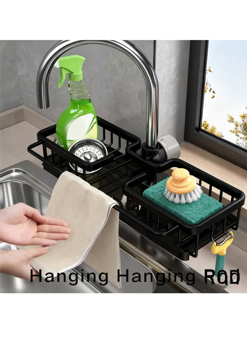 عربست منظم حوض المطبخ، منظم حوض المطبخ حول الصنبور، حامل إسفنجة الحوض، رف منظم حوض المطبخ لأنابيب المياه المستديرة مقاس 0.7-1.1 بوصة (أسود، 2 في 1) - Image 4