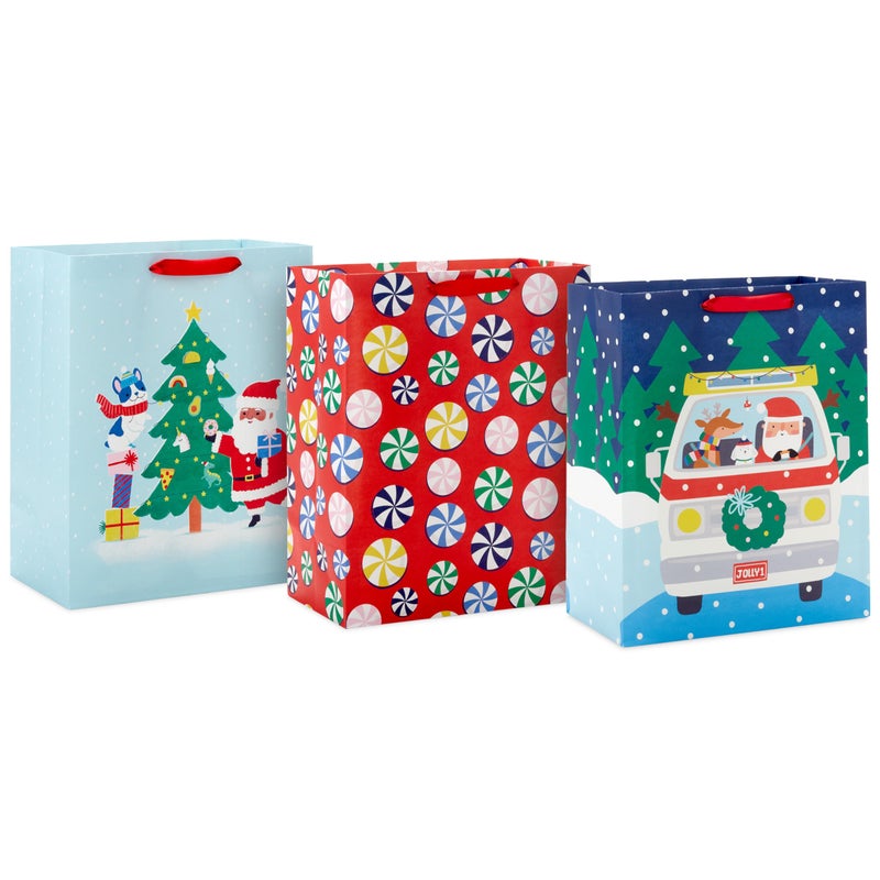 Hallmark 13 Large Christmas Gift Bags for Kids 3 Bags Santa and Puppy Santa in RV Colorful Candy