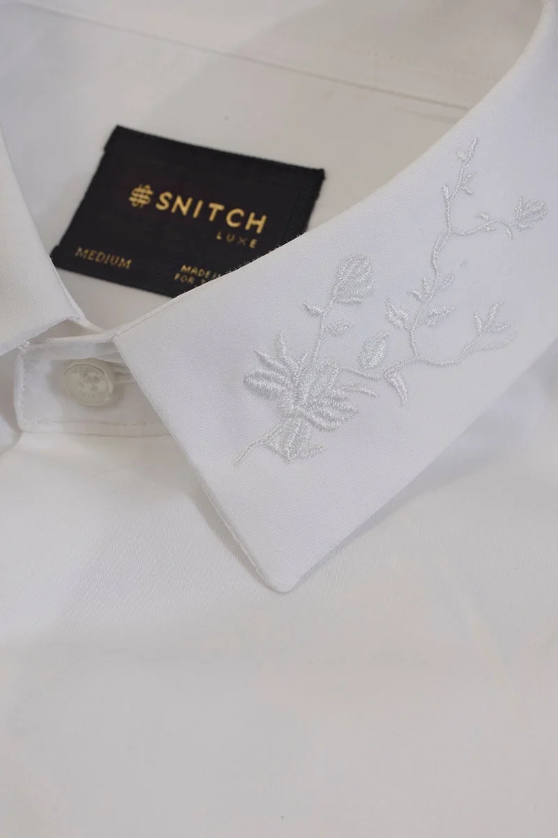 سنيتش White Embroidered Long Sleeve Slim Fit Formal Shirt