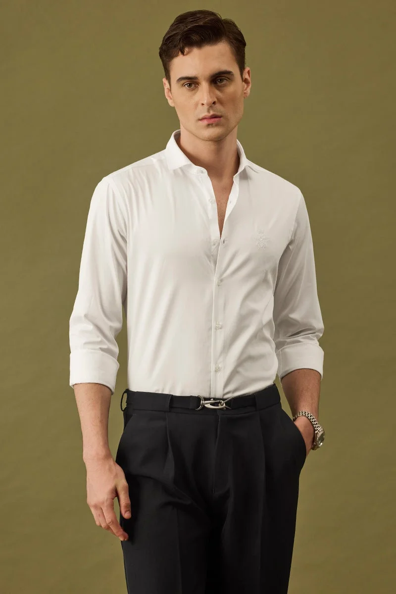سنيتش White Embroidered Long Sleeve Slim Fit Formal Shirt